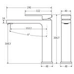 Technical drawing of Fienza Tono medium basin mixer in chrome, showing side and front dimensions and 206.7mm overall height