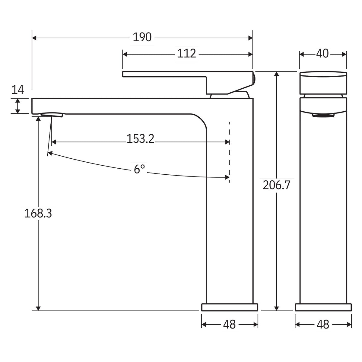 Technical drawing of Fienza Tono medium basin mixer in chrome, showing side and front dimensions and 206.7mm overall height