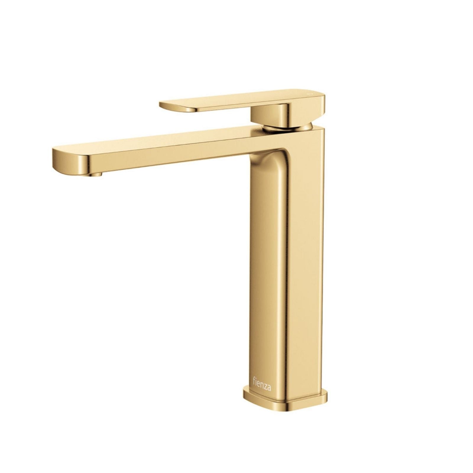 Fienza Tono medium basin mixer in urban brass, shown on white background, with square modern spout and lever handle