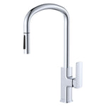 Fienza Tono chrome pull out sink mixer tap with curved swivel spout and single lever handle, isolated on white