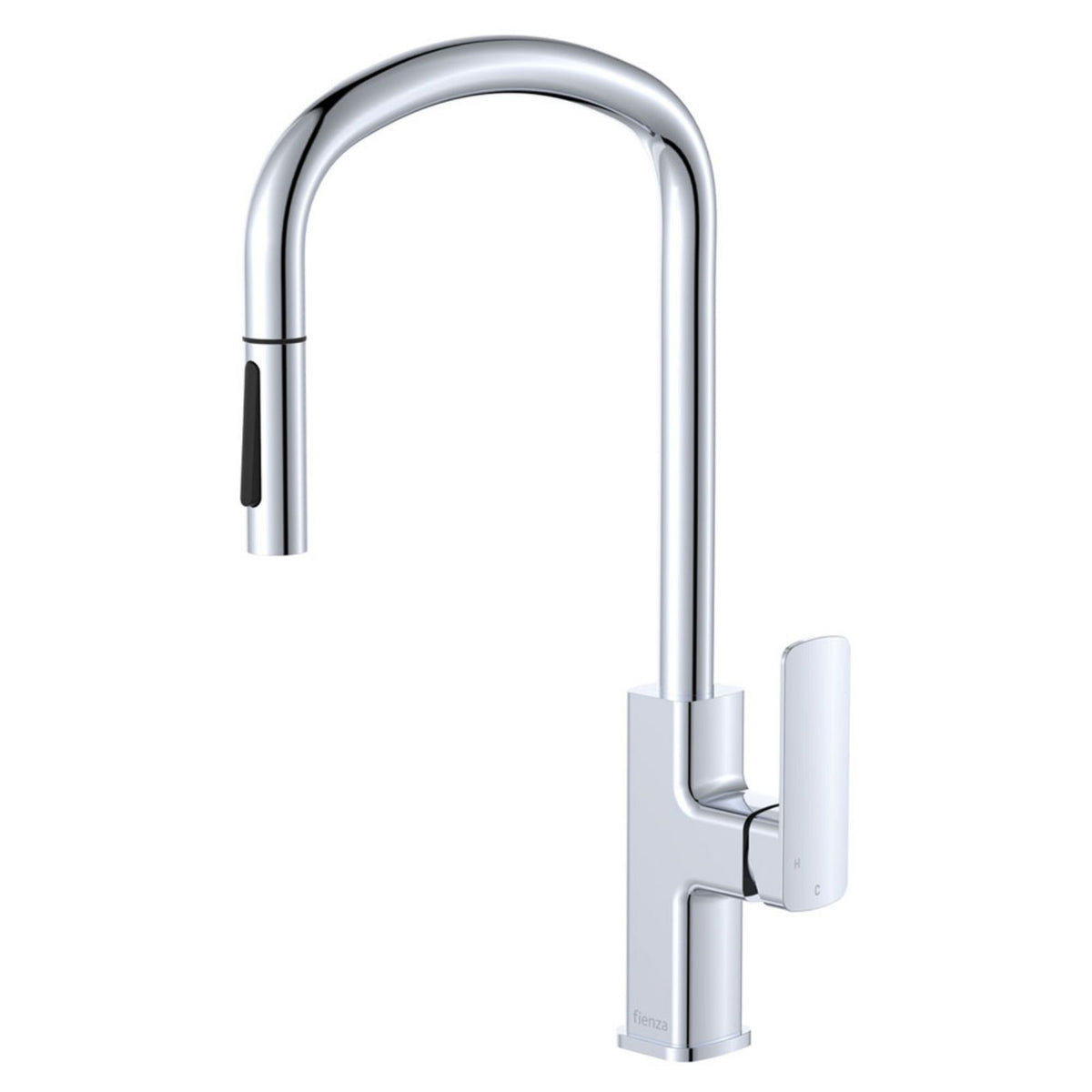 Fienza Tono chrome pull out sink mixer tap with curved swivel spout and single lever handle, isolated on white