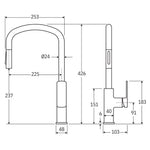 Fienza Tono pull out sink mixer in chrome, technical drawing with side and front dimensions shown