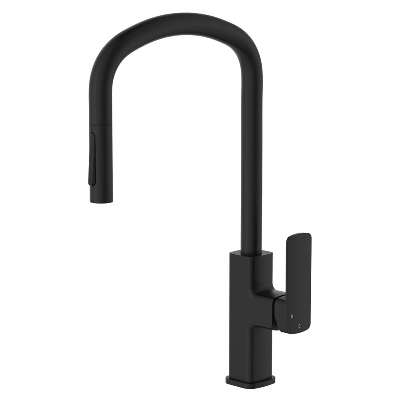 Fienza Tono pull out sink mixer in matte black with high gooseneck spout and lever handle, front view on white background