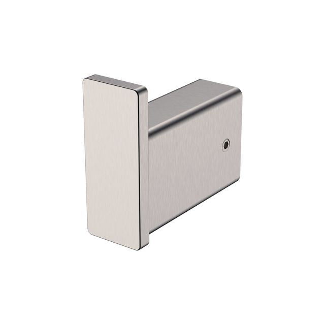 Fienza Tono brushed nickel robe hook, rectangular wall-mounted bathroom accessory on white background