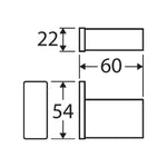 Fienza Tono robe hook dimension drawing in matte black, showing 22mm x 60mm x 54mm measurements