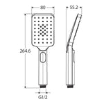 Fienza Tono brushed nickel hand shower technical drawing, showing front and side views with 80mm head and G1/2 thread dimensions
