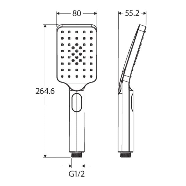 Fienza Tono brushed nickel hand shower technical drawing, showing front and side views with 80mm head and G1/2 thread dimensions