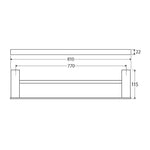 Fienza Tono single towel rail technical drawing, 810mm brushed nickel, showing dimensions and fixing distance