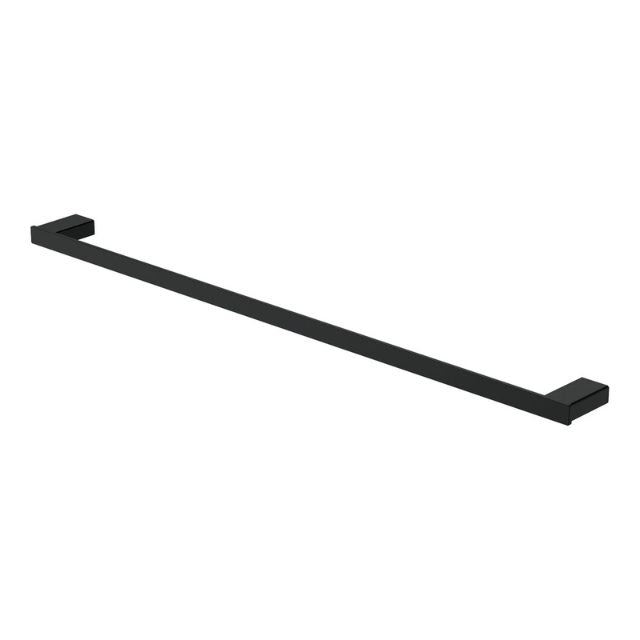 Fienza Tono single towel rail in matte black, 810mm rectangular bathroom rail on white background