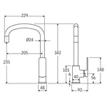 Fienza Tono brushed nickel gooseneck sink mixer technical drawing with dimensions and side view