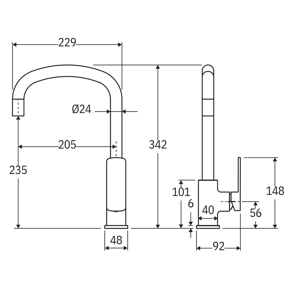 Fienza Tono brushed nickel gooseneck sink mixer technical drawing with dimensions and side view