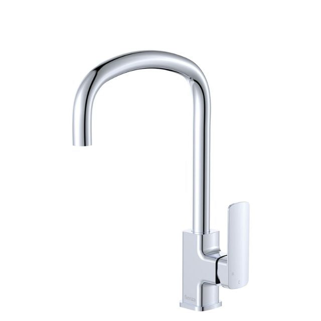 Fienza Tono chrome sink mixer with arch gooseneck spout and single lever, hob mounted on white background