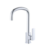 Fienza Tono chrome sink mixer with arch gooseneck spout and single lever, hob mounted on white background