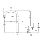 Technical drawing of Fienza Tono sink mixer, showing chrome gooseneck tap dimensions and side/front views
