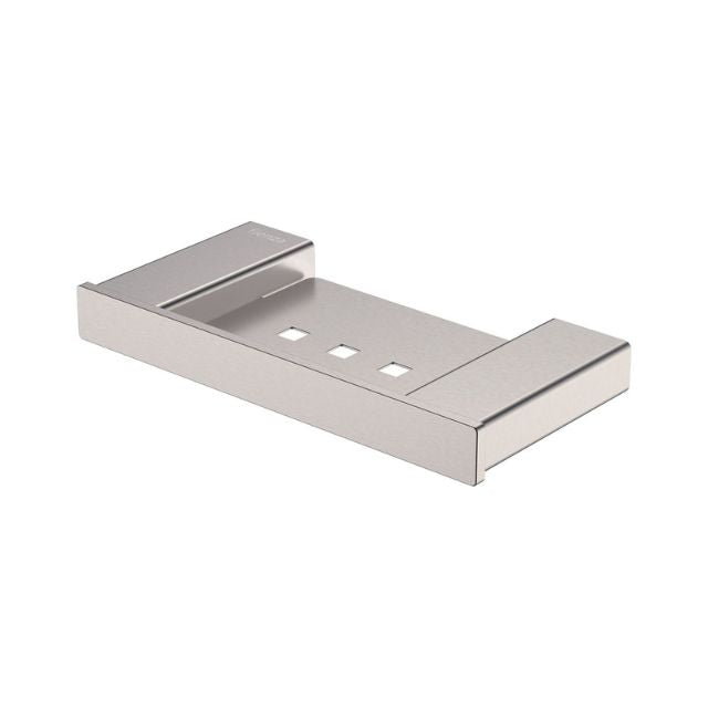 Fienza Tono 190mm soap shelf in brushed nickel, rectangular stainless steel bathroom accessory with drain slots