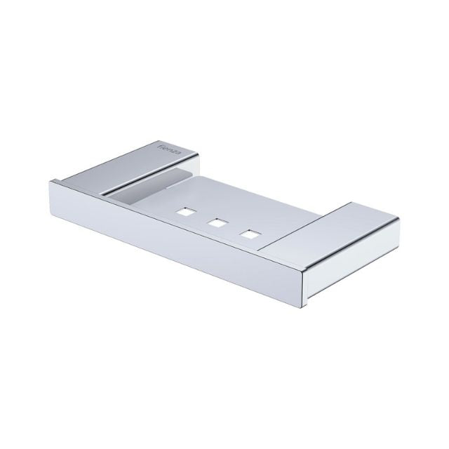 Fienza Tono chrome soap shelf, 190mm rectangular stainless steel bathroom accessory with drain slots, shown on white background