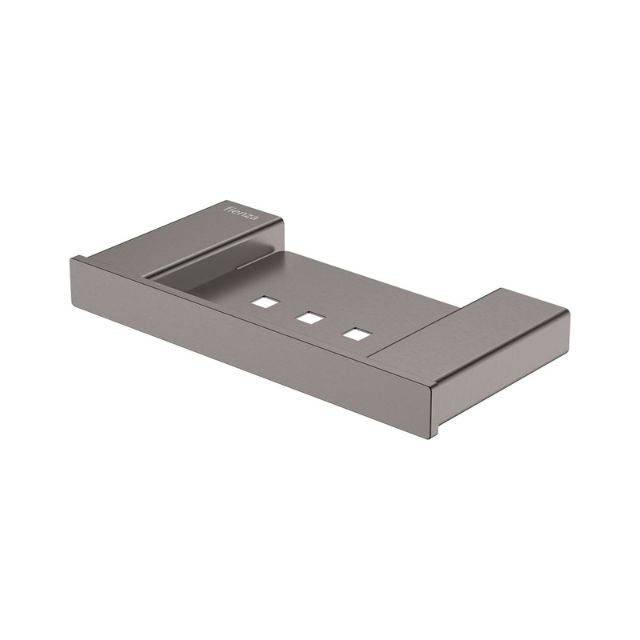 Fienza Tono rectangular soap shelf in gun metal, 190mm stainless steel bathroom accessory, angled view