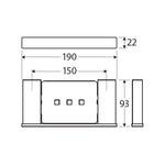 Fienza Tono soap shelf technical drawing in matte black, rectangular 190mm wall-mounted dish with 93mm projection and 150mm fixing distance