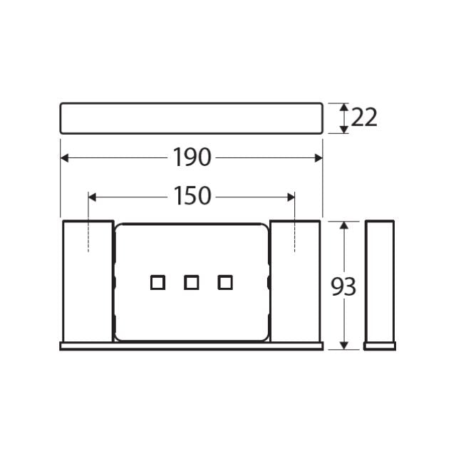 Fienza Tono soap shelf technical drawing in matte black, rectangular 190mm wall-mounted dish with 93mm projection and 150mm fixing distance