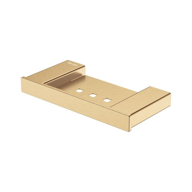 Fienza Tono 190mm soap shelf in Urban Brass, rectangular wall-mounted bathroom accessory with drain slots