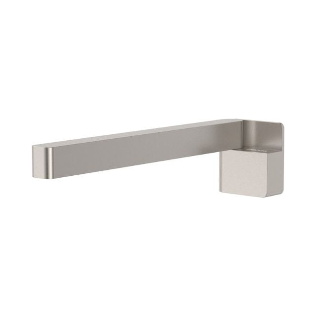 Fienza Tono wall-mounted swivel bath outlet in brushed nickel, modern square spout shown on white background