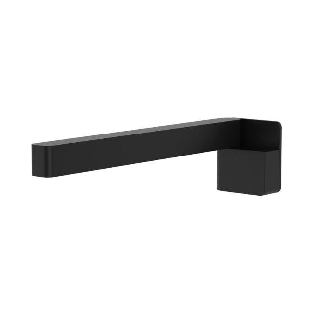Fienza Tono wall-mounted bath spout in matte black, modern rectangular swivel outlet view