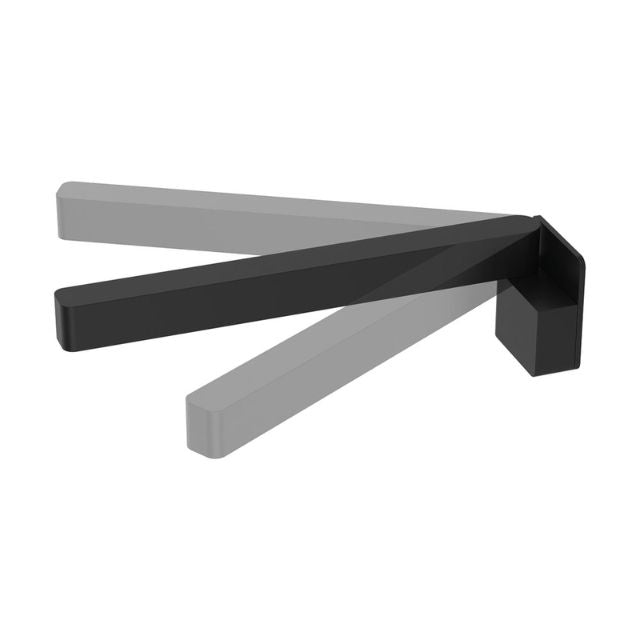 Fienza Tono matte black wall-mounted swivel bath spout shown with extended and angled positions