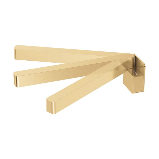 Fienza Tono swivel bath outlet in urban brass, wall-mounted gold bath spout with angled, extended arm view