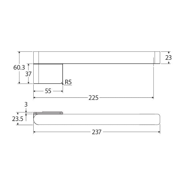 Fienza Tono swivel bath outlet technical drawing in Urban Brass, wall mounted with 225mm reach and 237mm projection