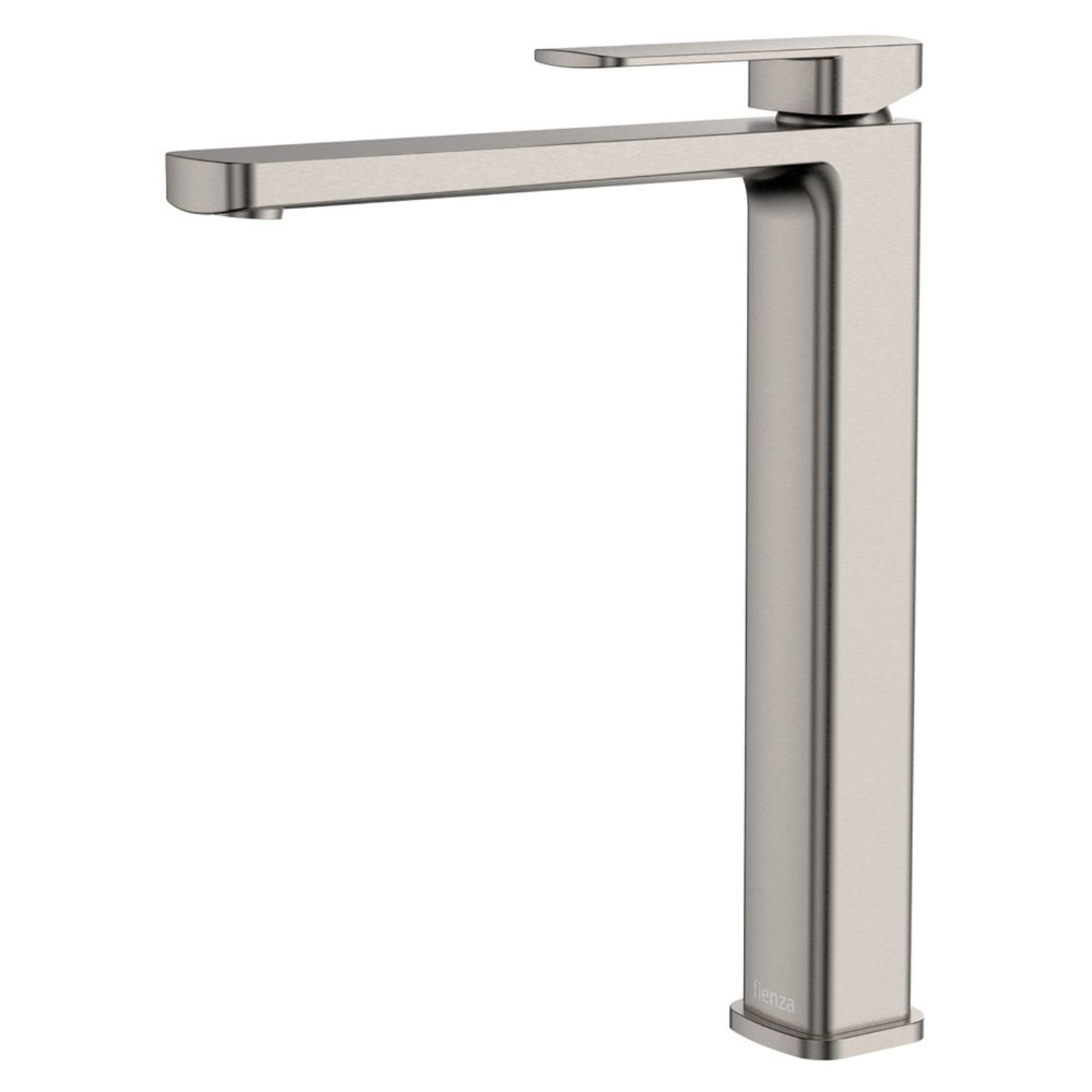 Fienza Tono tall basin mixer in brushed nickel, modern square tap shown on white background