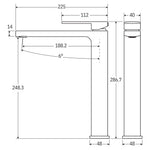 Fienza Tono tall basin mixer chrome technical drawing with dimensions and side view