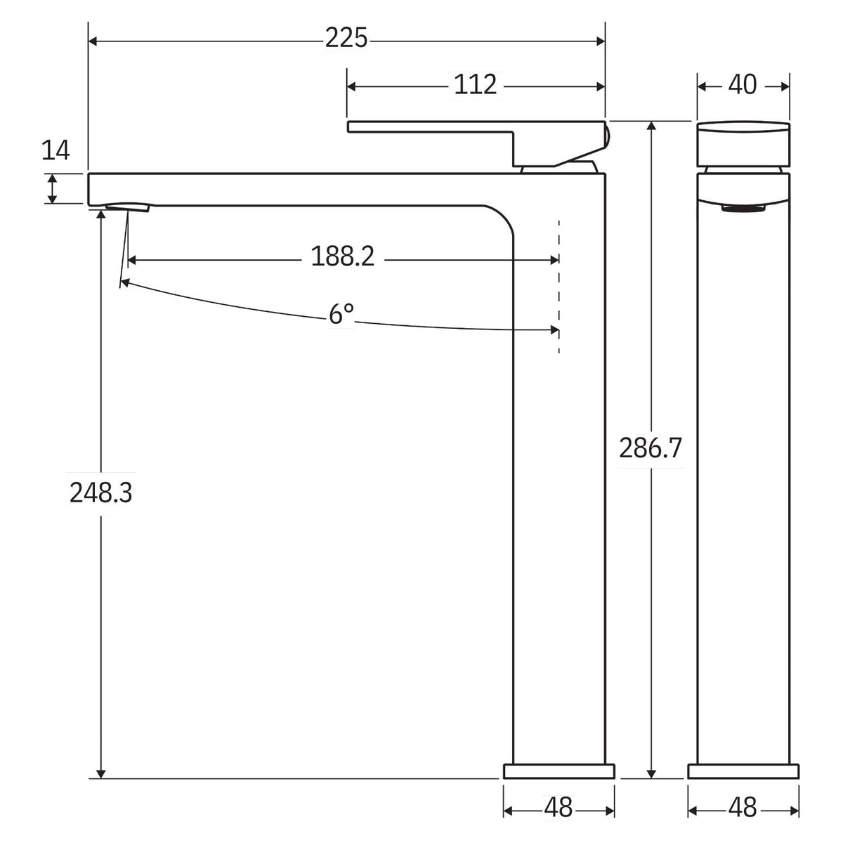 Fienza Tono tall basin mixer chrome technical drawing with dimensions and side view