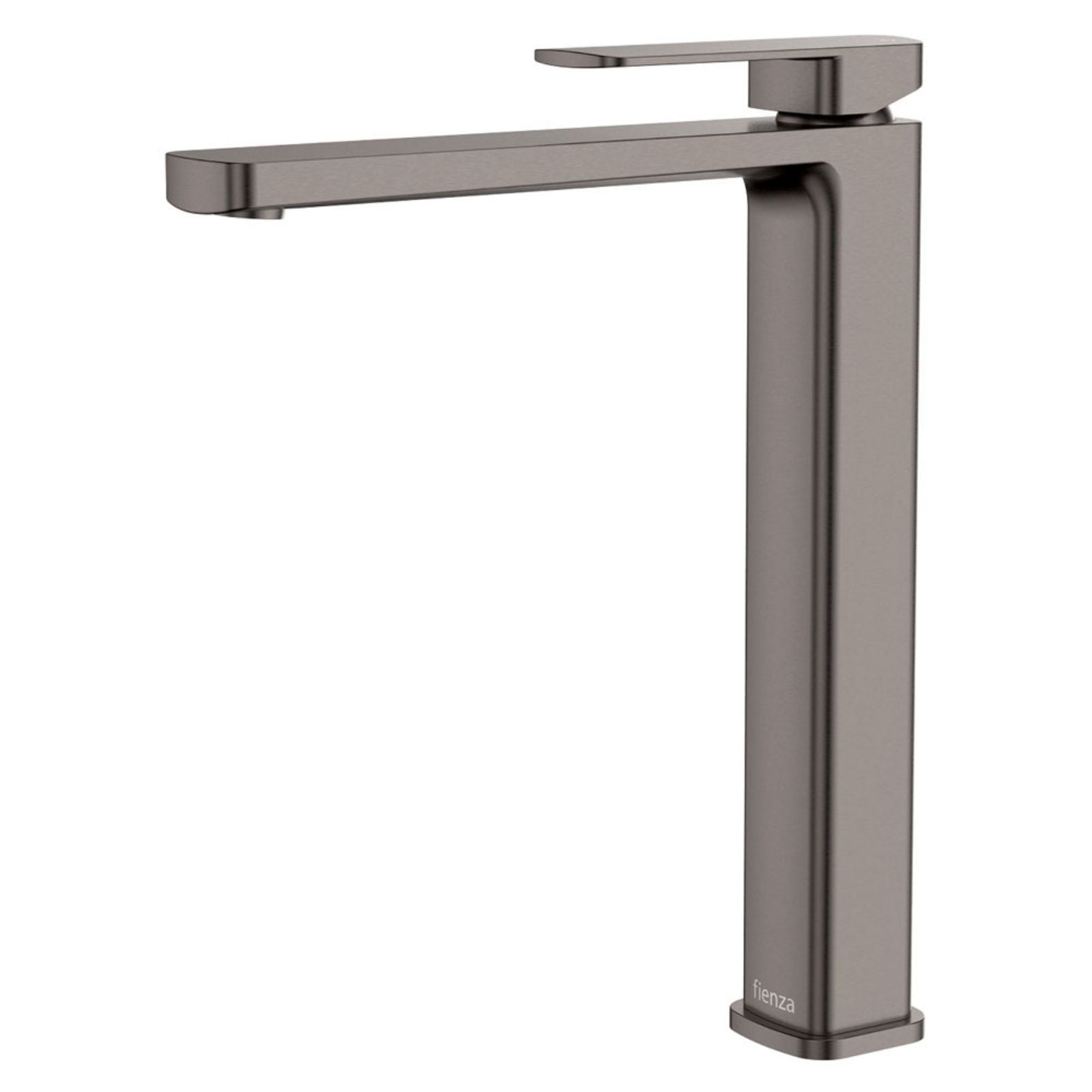 Fienza Tono tall basin mixer in gun metal, square modern tap on white background