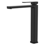 Fienza Tono tall basin mixer in matte black, modern square-profile tap on white background