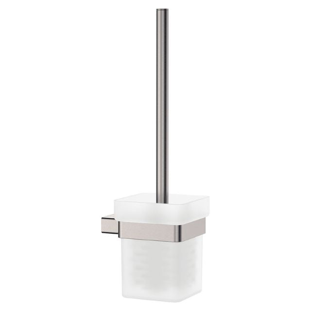 Fienza Tono toilet brush holder in brushed nickel with frosted glass tumbler, wall-mounted, front view