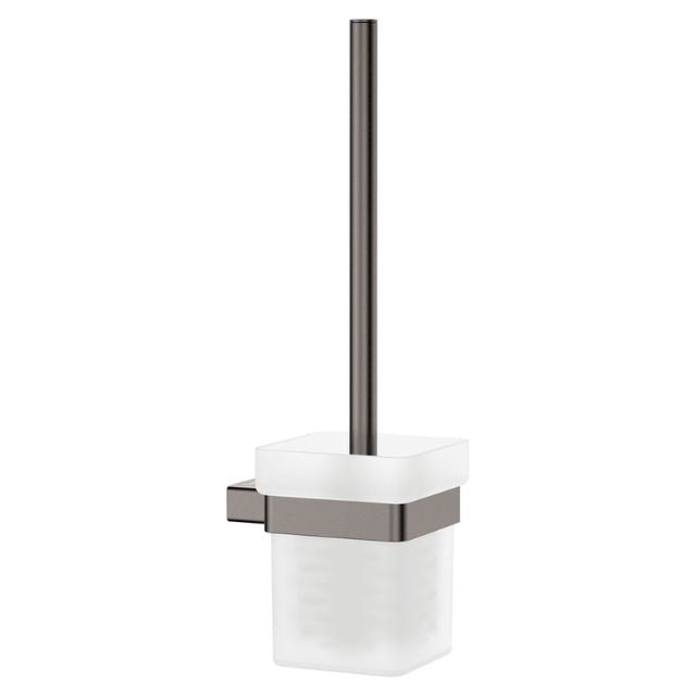 Fienza Tono toilet brush and holder in gun metal, with frosted glass tumbler and wall mount bracket