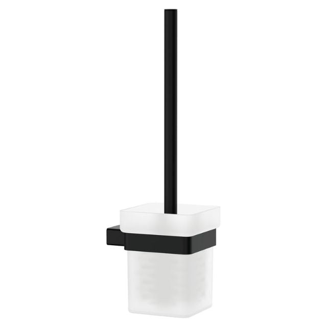 Fienza Tono matte black toilet brush holder with frosted glass tumbler and brush handle, wall mounted