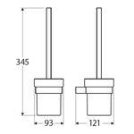 Fienza Tono toilet brush and holder technical drawing, matte black wall-mounted rectangular design with 345 mm height and 121 mm width