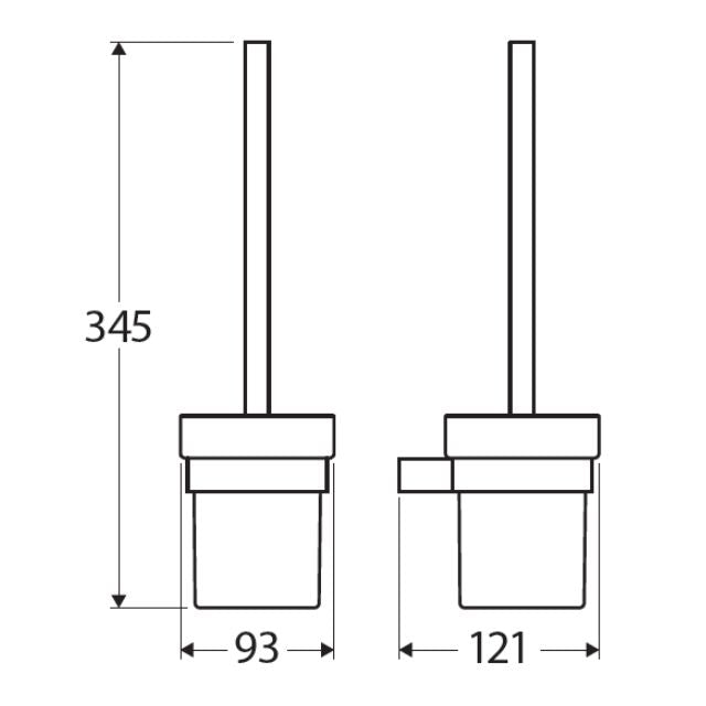 Fienza Tono toilet brush and holder technical drawing, matte black wall-mounted rectangular design with 345 mm height and 121 mm width
