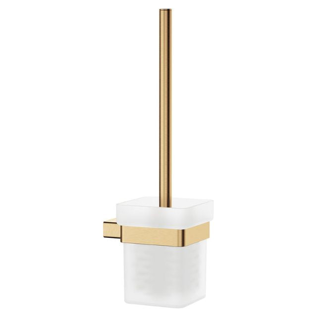 Fienza Tono toilet brush and holder in Urban Brass with frosted glass tumbler and gold wall-mounted bracket