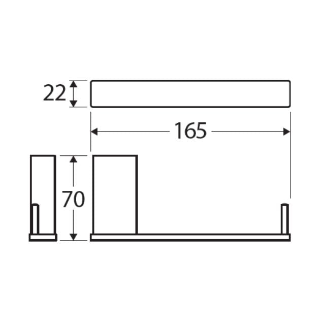 Technical drawing of Fienza Tono toilet roll holder showing 165mm length, 70mm projection and 22mm height