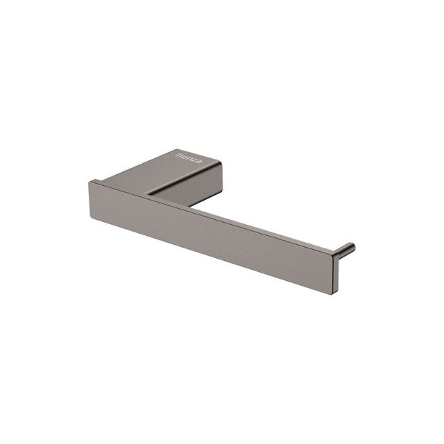 Fienza Tono gunmetal toilet roll holder with rectangular wall plate and straight arm, isolated on white