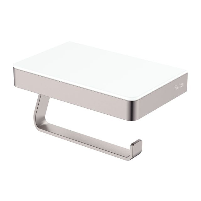 Fienza Tono brushed nickel toilet roll holder with glass shelf, rectangular wall-mounted bathroom accessory