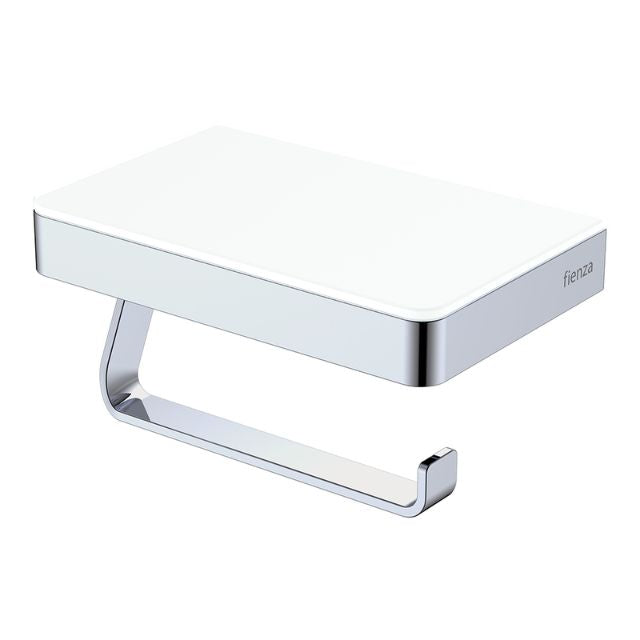 Fienza Tono chrome toilet roll holder with glass shelf, rectangular wall-mounted bathroom accessory