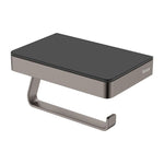 Fienza Tono gun metal toilet roll holder with glass shelf, wall-mounted bathroom accessory