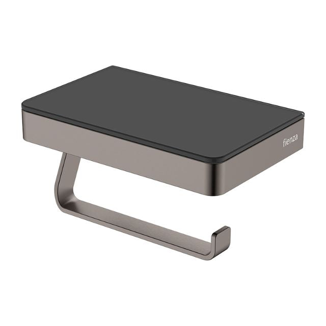 Fienza Tono gun metal toilet roll holder with glass shelf, wall-mounted bathroom accessory
