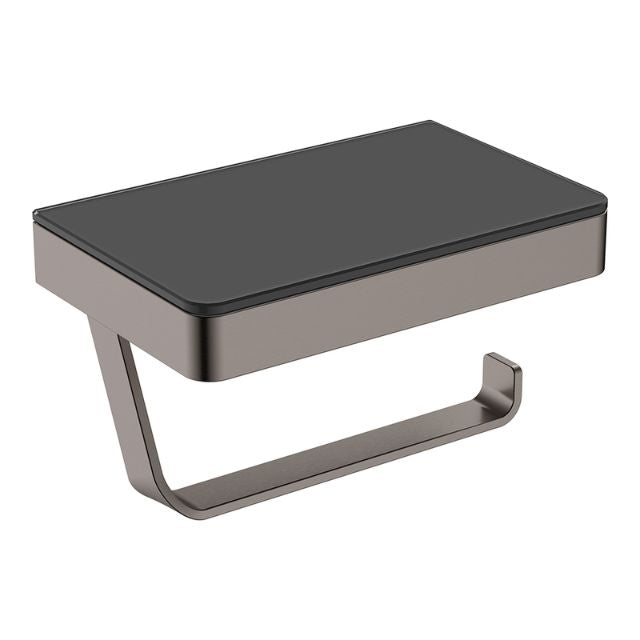 Fienza Tono gun metal toilet roll holder with glass shelf, rectangular wall-mounted bathroom accessory