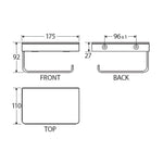 Fienza Tono toilet roll holder with glass shelf, gun metal, front, back and top technical dimensions
