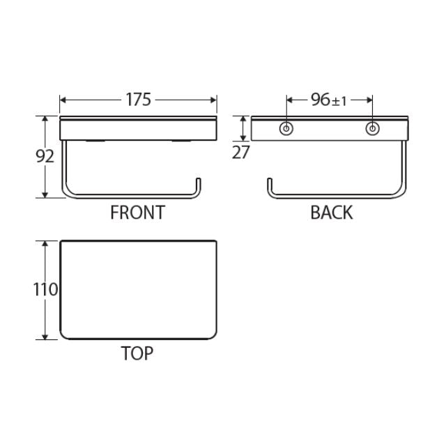 Fienza Tono toilet roll holder with glass shelf, gun metal, front, back and top technical dimensions