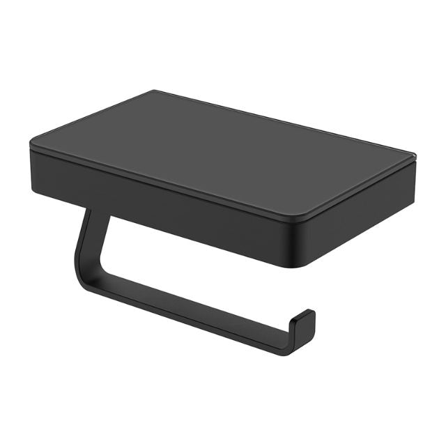 Fienza Tono matte black toilet roll holder with glass shelf, rectangular wall-mounted bathroom accessory